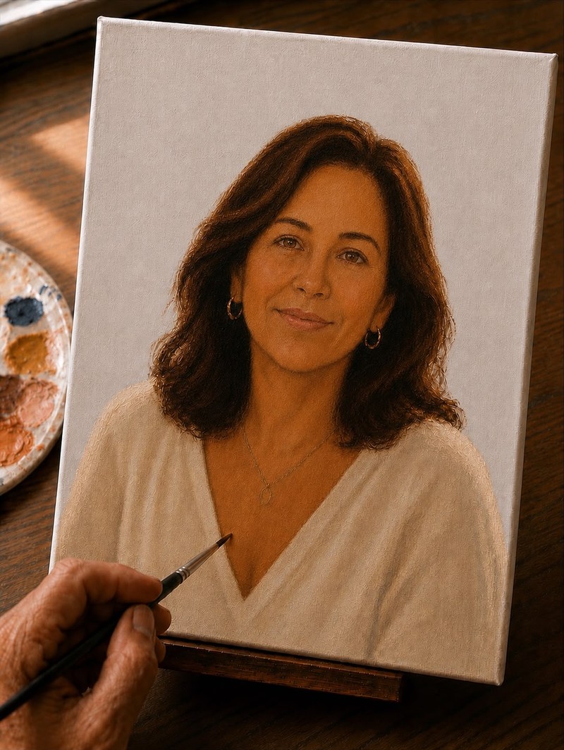Oil portrait painting on canvas of a woman with dark wavy hair and a white top, showing detailed skin, hair, and fabric, with a hand holding a paintbrush adding detail