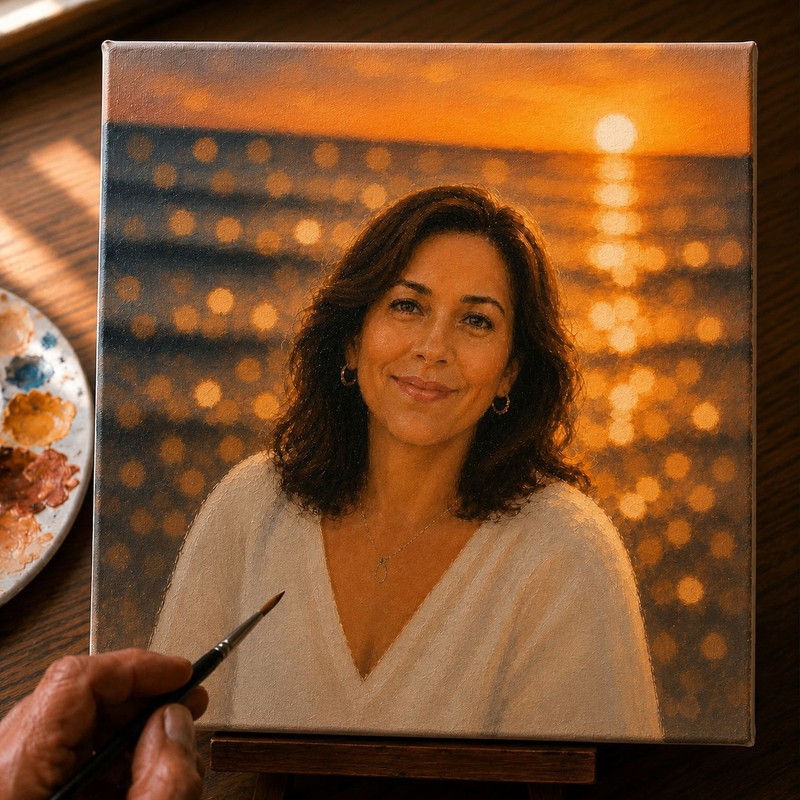 Finished oil portrait painting on canvas of a smiling woman with dark wavy hair and a white top, set against a warm golden sunset bokeh background over the ocean, with a paintbrush and palette nearby