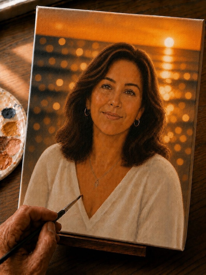 Oil portrait painting on canvas of a woman with dark wavy hair and a white top, set against a warm golden sunset bokeh background over the ocean, with a hand holding a paintbrush adding detail