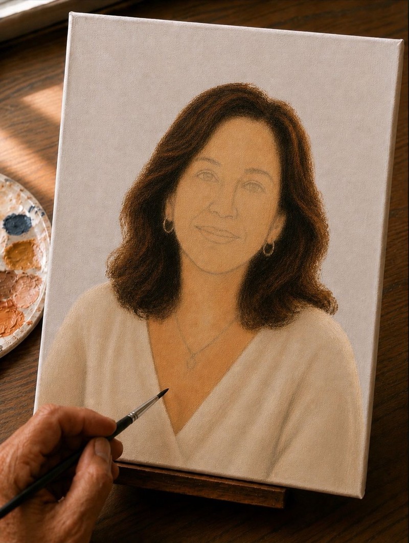 Oil portrait painting on canvas showing a woman with dark wavy hair and a white top, with hair and fabric colored in while the face stays a light transparent wash