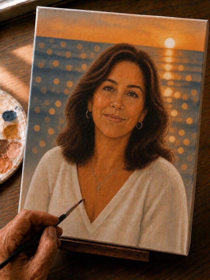 Oil portrait painting on canvas of a smiling woman with dark wavy hair and a white top, set against a warm golden sunset bokeh background over the ocean, with a hand holding a paintbrush adding detail
